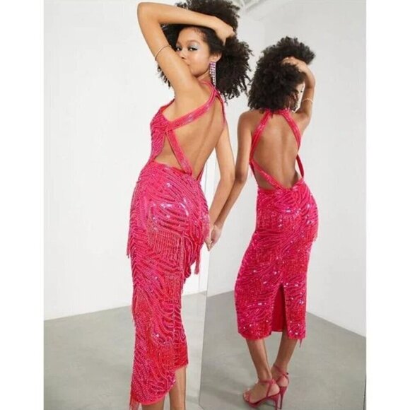 ASOS Pearl And Fringe Halter Midi Dress in Pink Size US 0 - Picture 15 of 15